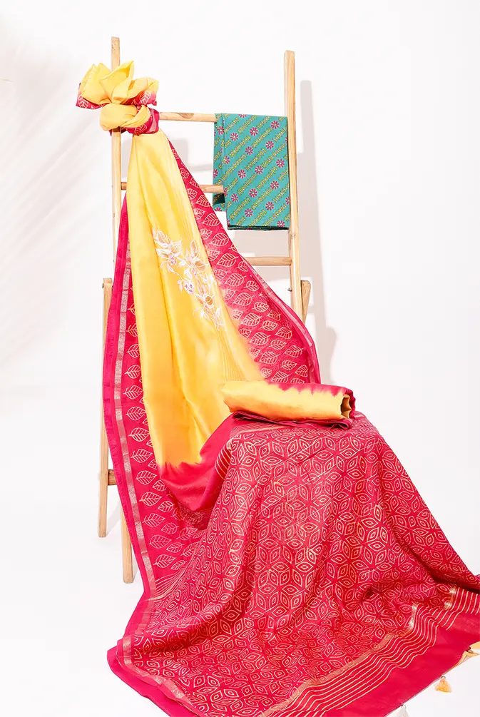 Yellow Pink Chanderi Silk BP Concept Saree
