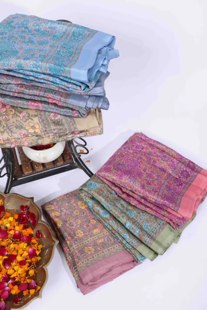 Satin Neelgiri digital Printed Sari