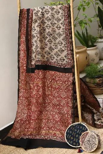 [SKU - CSCBPSARI 58] Beige Maroon Chanderi Silk BP Saree