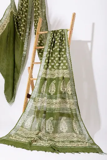 [SKU - LBPSARI 02] Mahendi Green Linen BP Saree