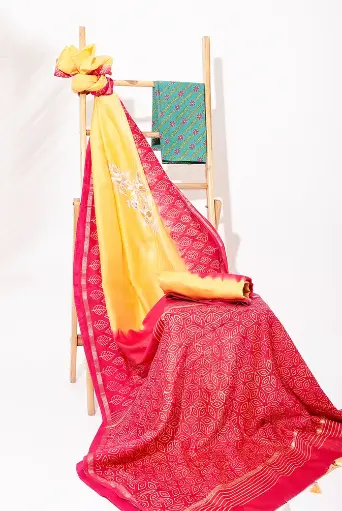 [SKU - CSCBPSARI 52] Yellow Pink Chanderi Silk BP Concept Saree